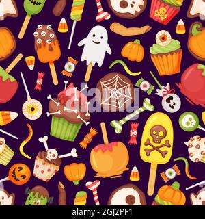 Cartoon Halloween dolcetti, caramelle e dolci motivo senza cuciture. Lecca lecca-lecca, biscotti fantasma, mela caramellata. Tessitura vettoriale delle festività di ottobre. Tortini horror e gelato per la festa Illustrazione Vettoriale
