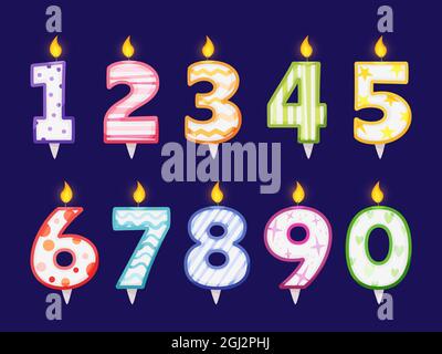 Numeri di candela brucianti per decorazione della torta, festa di compleanno. Bambini compleanni o anniversario numero candele con fiamme vettore set. Decorazioni a sorpresa per le vacanze per torte o cupcake Illustrazione Vettoriale