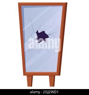Telaio in legno con specchio rotto in stile cartoon isolato su sfondo bianco. Che sfortuna, incidente, vetro che ha un aspetto incrinato. Illustrazione vettoriale Illustrazione Vettoriale