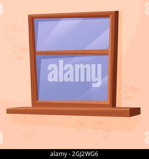 Finestra in legno in stile cartone animato isolato su sfondo bianco. Dettagli architettonici chiusi testurizzati, decorazioni moderne. Illustrazione vettoriale Illustrazione Vettoriale