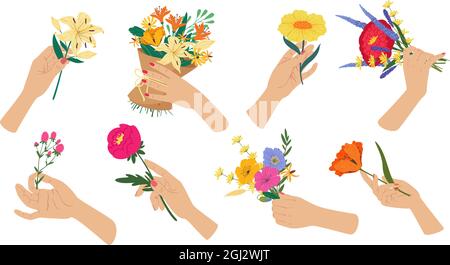 Donna mano che tiene bouquet di fiori, fiori di primavera in mani. Bouquets bello fioritura, regali di giorno delle madri, regali romantici del vettore dei regali. Elementi floreali per il compleanno, il matrimonio o l'anniversario Illustrazione Vettoriale