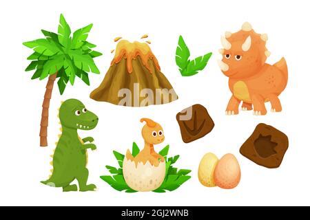 Set carino dinosauri bambino con uovo di dinosauro, impronta, foglie giurassiche, vulcano e ossa in stile cartoon decorazione infantile isolato su sfondo bianco Illustrazione Vettoriale