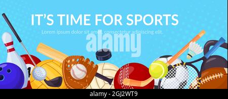 Banner per giochi sportivi con attrezzatura sportiva. Tennis, pallavolo, calcio. Giochi di cartoon ball attività sportiva, sfondo sano stile di vita vettoriale. Articoli fitness per hobby o tempo libero Illustrazione Vettoriale