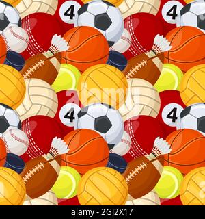 Palline sportive modello senza cuciture, varie attrezzature per giochi sportivi. Baseball, calcio, calcio, tennis, hockey cartoon sport elementi vettoriali texture. Tempo libero e tempo libero strumenti tessili Illustrazione Vettoriale