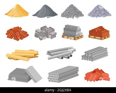 Materiali da costruzione cartoni animati, sabbia e cumulo di ghiaia. Pile di mattone, tubi di metallo, cemento. Forniture edili per il set vettoriale di ristrutturazione. Tavole e pietre di legno per lavori di riparazione Illustrazione Vettoriale