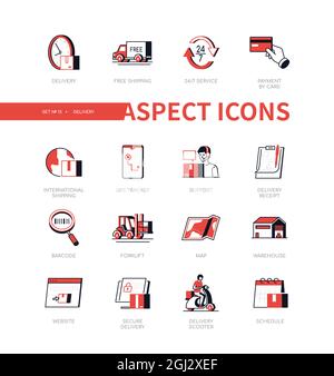 Consegna - linea moderna design stile icona set. Compilazione delle immagini sul tema dell'invio del pacco e della consegna del pacco al destinatario tramite corriere. F Illustrazione Vettoriale