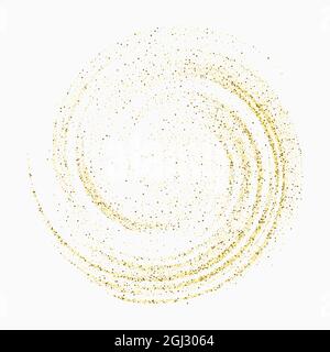 I confetti d'oro luccicano su sfondo bianco. Vortice di particelle spumanti che diffondono la consistenza. Elemento decorativo per design Illustrazione Vettoriale