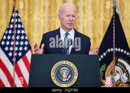 Washington, Stati Uniti. 08 settembre 2021. Il Presidente Joe Biden parla durante un evento in onore dei sindacati l'8 settembre 2021 nella Sala Est della Casa Bianca a Washington, DC. (Foto di Oliver Contreras/Sipa USA) Credit: Sipa USA/Alamy Live News Foto Stock