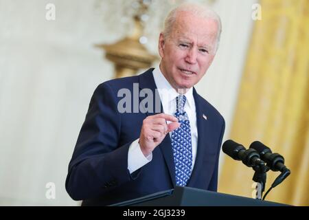 Washington, Stati Uniti. 08 settembre 2021. Il Presidente Joe Biden parla durante un evento in onore dei sindacati l'8 settembre 2021 nella Sala Est della Casa Bianca a Washington, DC. (Foto di Oliver Contreras/Sipa USA) Credit: Sipa USA/Alamy Live News Foto Stock