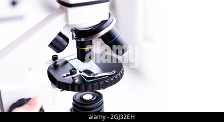 laboratorio medico, uso di un microscopio per campioni chimici biologici che esaminano liquidi, apparecchiature, ricerca scientifica e medica, microscopico Foto Stock