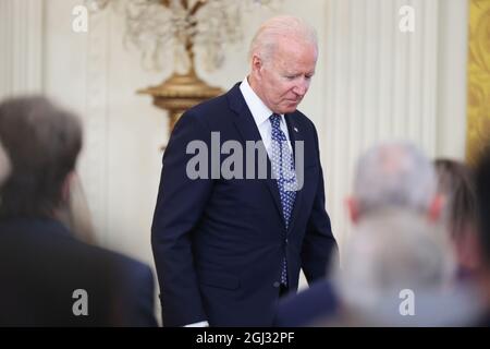 Washington, Stati Uniti. 08 settembre 2021. Il Presidente Joe Biden parla durante un evento in onore dei sindacati l'8 settembre 2021 nella Sala Est della Casa Bianca a Washington, DC. (Foto di Oliver Contreras/Sipa USA) Credit: Sipa USA/Alamy Live News Foto Stock