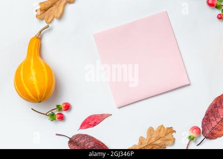 Vivace composizione autunnale. Cornice circolare o a corona fatta di zucca autunnale, bacche rosse, foglie di quercia e foglie di rowan. Telaio quadrato autum mockup. Copyspac Foto Stock