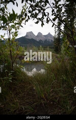 Vista della montagna delle tre Sorelle nella regione di Kananaskis vicino a Canmore. Foto Stock