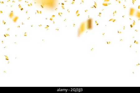 Confetti su sfondo bianco. Confetti di Natale realistici. Caduta di elementi gialli. Tinsel volante lucido. Modello anniversario per la scheda. Vettore Illustrazione Vettoriale