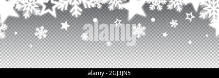 Decorazione di Natale. Elementi luminosi in argento. Stelle bianche e fiocchi di neve su sfondo trasparente. Cornice festiva per biglietti d'auguri o poster. Vettore Illustrazione Vettoriale