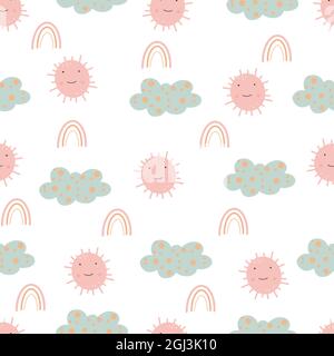 Carino motivo senza cuciture con sole e nuvole disegno a mano infantile disegno senza giunture carta digitale. Illustrazione Vettoriale