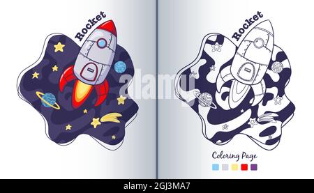 Cartoon Rocket and Stars Coloring Page. Navicella spaziale disegnata a mano su sfondo cosmico. Veicolo spaziale in cosmo illustrazione dei bambini. Vettore Premium Illustrazione Vettoriale