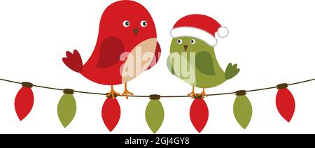 Cute uccelli seduti sul filo luci di Natale Illustrazione Vettoriale