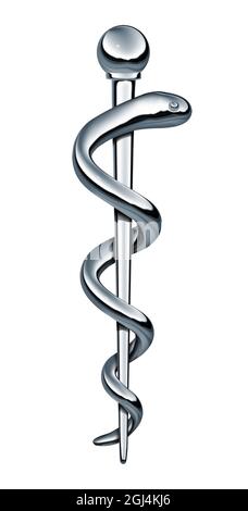 Rod di Asclepius simbolo medico come un'icona di medicina e assistenza sanitaria con un serpente strisciante su un palo come un'illustrazione 3D isolato. Foto Stock