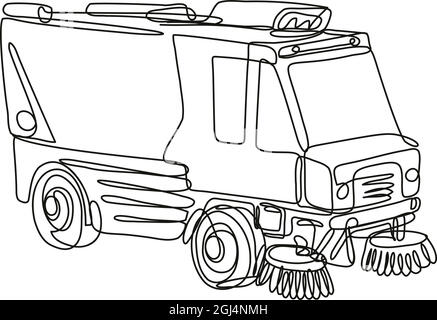 Illustrazione di un disegno a linee continue di una spazzatrice stradale o di una vista laterale di un camion di pulizia stradale eseguita in monocollo o in bianco e nero su iso Illustrazione Vettoriale