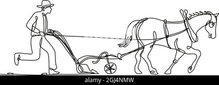 Illustrazione di disegno di linea continua di un coltivatore biologico e di un cavallo arando vista laterale campo fatto in monocollo stile o doodle in bianco e nero su IS Illustrazione Vettoriale