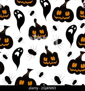 Fantasmi spaventosi e zucche con ragni modello senza cuciture, Halloween disegno a mano, illustrazione vettoriale Illustrazione Vettoriale