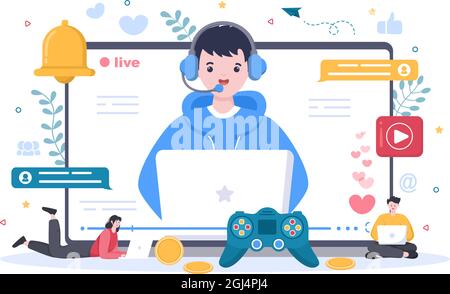 Video Game Blogger Content Creator sfondo con l'uomo utilizzare cuffie fare video online o giocare e fare streaming dal vivo. Disegno piatto Vector Illus Illustrazione Vettoriale