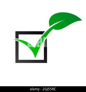 Segno di spunta con foglia verde. Casella di controllo con il segno di spunta ECO. Illustrazione vettoriale. Icone con il segno DI spunta ECO. Illustrazione Vettoriale