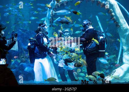 Lo sposo Chris Jackson si prepara a scambiare gli anelli di nozze con la sposa Lisa Huggins durante la loro cerimonia nuziale subacquea all'avventura di Grylls del Bear, Birmingham. I fan delle immersioni erano dovuti sposarsi all'estero ma i loro piani erano scupati durante Covid, e cercavano un'alternativa unica. Data foto: Mercoledì 8 settembre 2021. Foto Stock