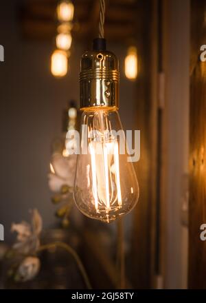 Grande vecchia lampadina elettrica arancione calda incandescente industriale appesa con altre sullo sfondo. Luminescenza retrò scuro con elemento decorativo vintage luminoso Foto Stock