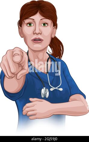 Medico o infermiere Donna in scrub uniforme puntamento Illustrazione Vettoriale