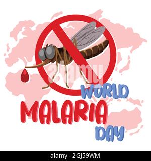 World malaria Day font sullo sfondo della mappa del mondo con un'illustrazione di zanzara Illustrazione Vettoriale