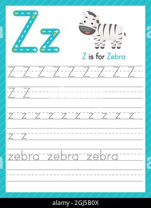 Tracciare la lettera Z maiuscola e minuscola. Foglio di lavoro di pratica di calcolo dell'alfabeto per i bambini che imparano l'inglese con animale carino dei cartoni animati. Pag. Attività Illustrazione Vettoriale