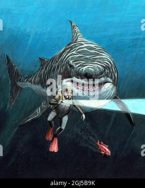 Attacco di squalo. Squalo gigantesco a caccia del subacqueo. Illustrazione. Foto Stock
