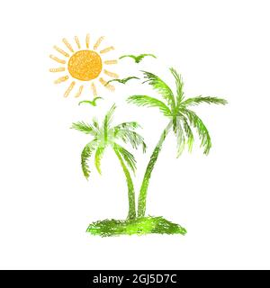 Palme, sole e gabbiani. Illustrazione vettoriale Illustrazione Vettoriale