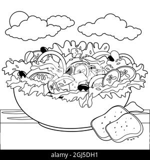 Una deliziosa ciotola di insalata in un tavolo vicino al mare. Insalata greca nelle vacanze estive dell'isola. Pagina da colorare in bianco e nero. Foto Stock