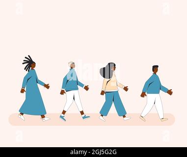 Gruppo di persone afroamericane che camminano uno dopo l'altro. Giovani donne e uomini che indossano abiti casual alla moda marching in step insieme. Illustrazione Vettoriale