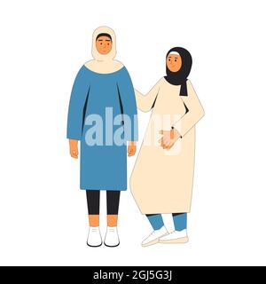 Giovani donne musulmane in piedi insieme. Adolescenti donne che indossano in hijab e abiti casual che si abbraccia isolato su uno sfondo bianco. Vettore c Illustrazione Vettoriale