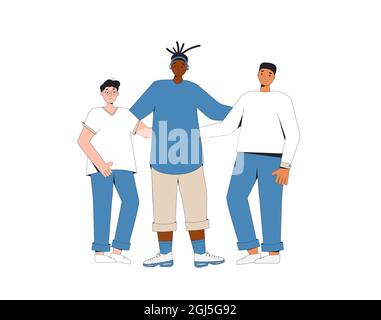 Gruppo di teenager diversi in piedi insieme. Giovani amici maschi che indossano abiti casual. Ragazzi che si abbracciano a vicenda. Illustrazione della linea a colori vettoriali. Illustrazione Vettoriale