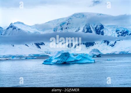 Ghiacciai Blue iceberg Snow Mountains Charlotte Harbour, Antartide. Ghiaccio blu ghiaccio perché l'aria strizzava dalla neve. Foto Stock