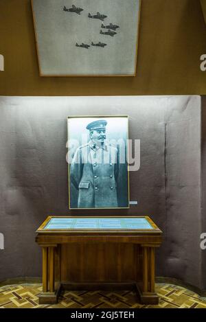 Georgia, Gori. Museo Stalin dedicato all'ex dittatore sovietico Joseph Stalin, fotografia di Stalin della seconda Guerra Mondiale. Foto Stock