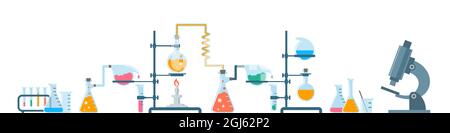 Apparecchiatura chimica. Illustrazione piatta vettoriale. Strumenti e strumenti da laboratorio chimico. Provette in vetro, flaconi e matracci con reagenti liquidi e urea Illustrazione Vettoriale