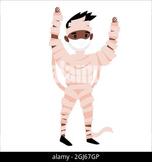 Bambino in costume mummy di Halloween e indossare maschera protettiva per il viso. Illustrazione della protezione del coronavirus per il concetto di festa di Halloween. Illustrazione vettoriale Illustrazione Vettoriale