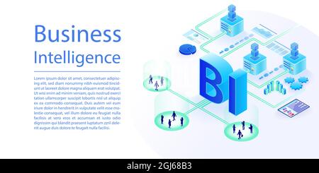 Infografica vettoriale BI Business Intelligence in formato banner Web ampio. Notebook ed elaborazione dati con icone 3D isometriche. Illustrazione Vettoriale