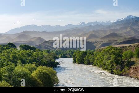 Valle del fiume Suusamyr nei Monti Tien Shan ad ovest di Ming-Kush, Kirghizistan Foto Stock