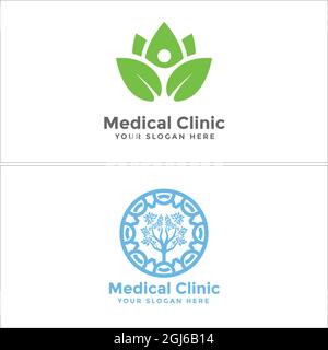 Clinica medica persone foglia albero organico emblema logo design Illustrazione Vettoriale