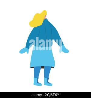 Donna in abiti invernali. Personaggio adulto isolato su sfondo bianco. Donna che indossa guanti e cappotto caldi. Illustrazione piatta vettoriale. Illustrazione Vettoriale