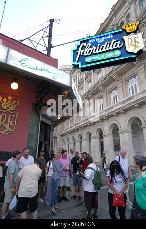 Bar El Floridita a l'Avana, Cuba . Una statua di Hemingway in primo piano con una fotografia di Hemmingway e Castro sul muro sullo sfondo. Foto Stock