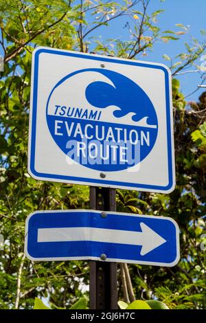 Allarme Tsunami segno di evacuazione, Sandy Point National Wildlife Refuge, St. Croix, Isole Vergini americane. Foto Stock