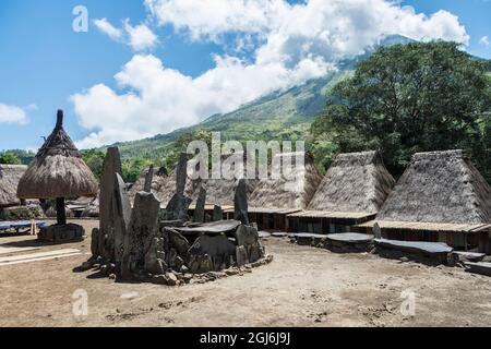 Bhaga, ngadhu e altari megalitici nel centro del villaggio tradizionale Bena.Flores isola, Nusa Tenggare est, Indonesia. Monte Inerie nella parte posteriore Foto Stock